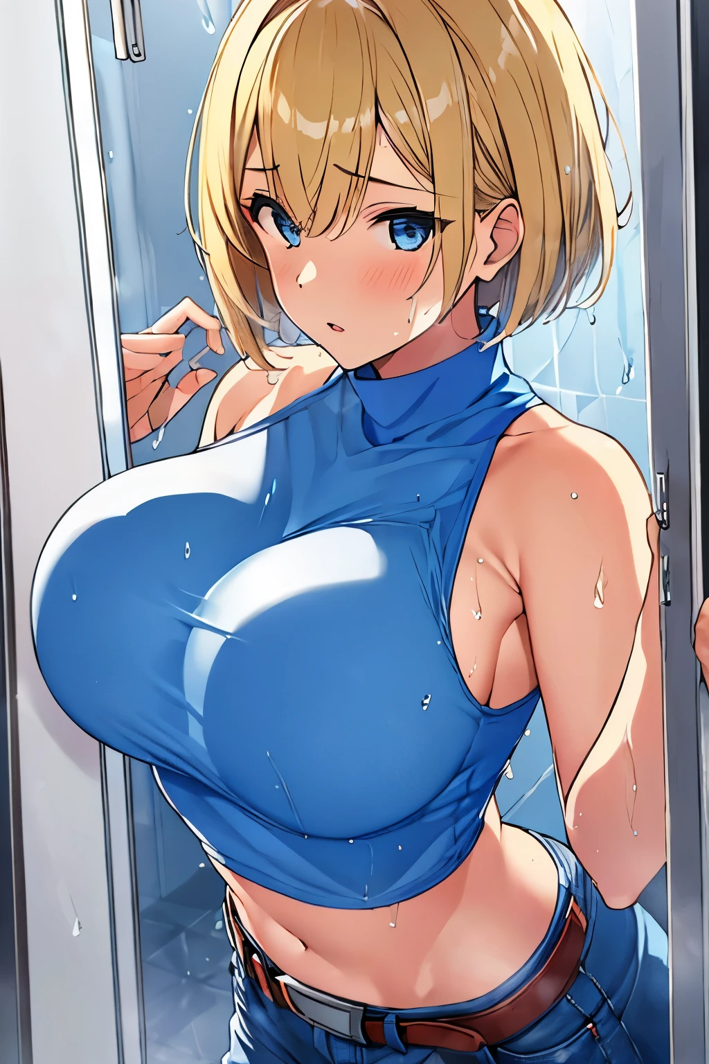 Behind the frosted glass, bathroom_glass_door,masterpiece, best quality, breasts_on_glass,1girl, fit body, wet semi-transparent clothes, sweat, breasts on windows, drop of water, breasts squeezed by glass,blue_mary(fatal_fury), snk, the_king_of_fighters, 1girl, bare_shoulders, blonde_hair, blue_eyes,  short_hair, bob_cut, sweat,crop_top, fingerless_gloves, large_breasts, midriff, navel, red sleeveless_turtleneck, blue denim pants, belt,floating_clothes