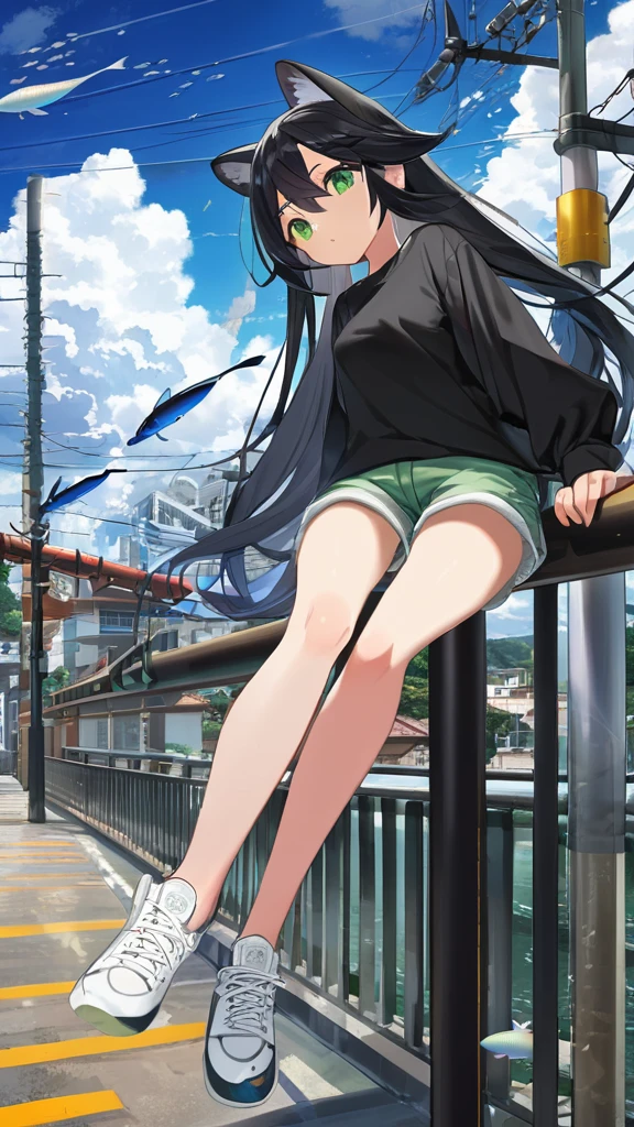 masterpiece, Exquisite detail,Highest quality, One girl, alone, handrail, cloud, 立ってzeroを見上げている,Long Hair, shoes, zero, Long sleeve, sneakers, Power lines, White footwear, Black Hair, View your viewers, Electric pole, bangs, cloudy zero, fish, bird, Green Eyes, Shorts, animal, Day, Black Shirt, barefoot