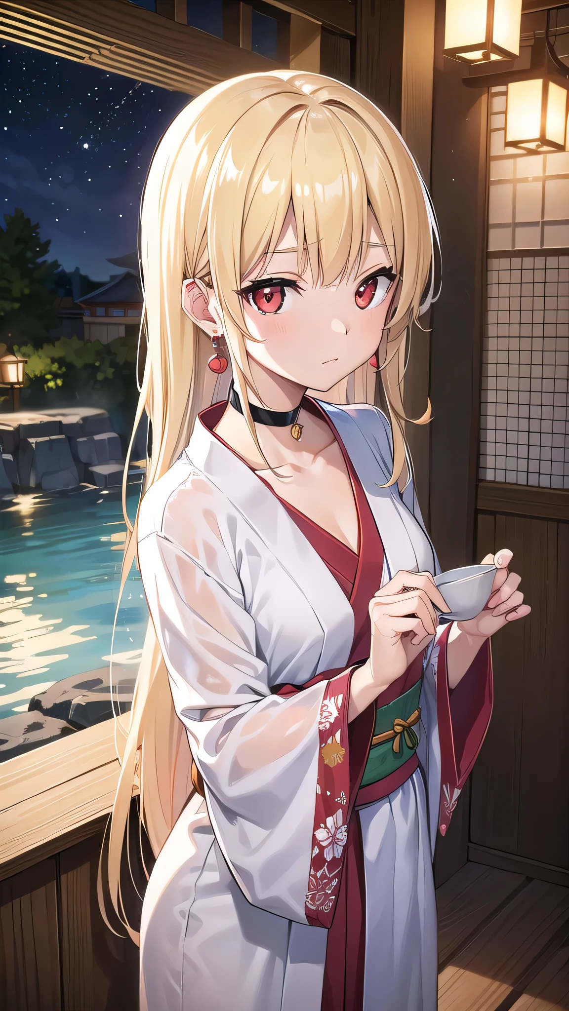 marinkitagawa, marin kitagawa, blonde hair, choker, ear piercing, earrings, long hair, piercing, (red eyes:1.5), straight hair, swept bangs,
BREAK japanese clothes,kimono,wet kimano, yukata,cleavege,neckline,black choker,
BREAK indoors, onsen,night,steam,wet,stars,starfall,hot water, 
BREAK looking at viewer, 
BREAK (masterpiece:1.2), best quality, high resolution, unity 8k wallpaper, (illustration:0.8), (beautiful detailed eyes:1.6), extremely detailed face, perfect lighting, extremely detailed CG, (perfect hands, perfect anatomy),