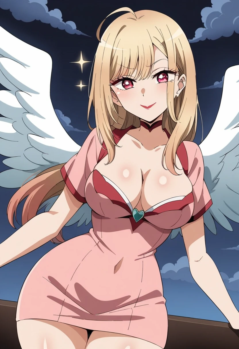 (anime art style:0.1), 2d, masterpiece, best quality, (very aesthetic:1.5), absurdres, dynamic shadows, atmosferic, (kitagawa marin), (1girl), ((blonde hair)), bob cut, long hair, (red eyes), sparkle eyes, detailed eyes, eyelashes, ahoge, hair between eyes, bangs, medium breasts, cleavage, makeup, lipstick, naughty_face, (curvy body), magical girl, short sleeves, angel wings, pink dress, pencil dress, ((cowboy shot)), looking at viewer, standing, (from front), sky, clouds, night
