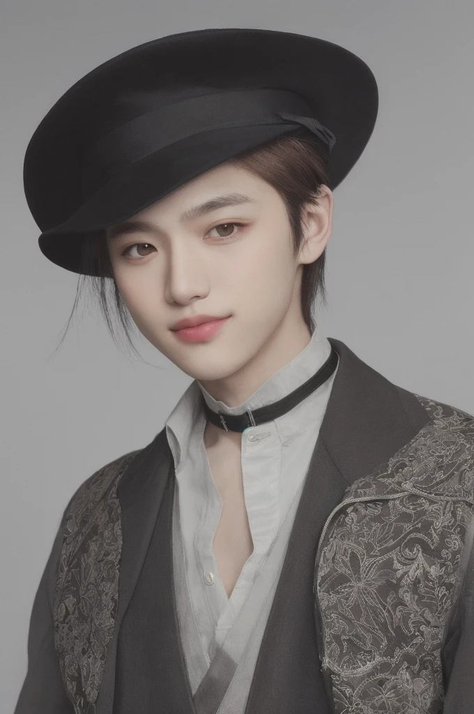 1boy, solo, (masterpiece, ultra quality, high resolution, 8k, intricate: 1.2), (detailed face:1.2), handsome, Young Korean man ,white skin, double eyelids , detailed skin, 1boy, ((realistic)), male focus, ((realistic)), ((pale skin)), , hunk, handsome,1boy, orange hair,nakahara chuuya,long hair,hat, grey eyes, choker, deep eyes,vest, looking at viewer, smile, fedora, jacket on shoulders, (masterpiece), (best quality:1),