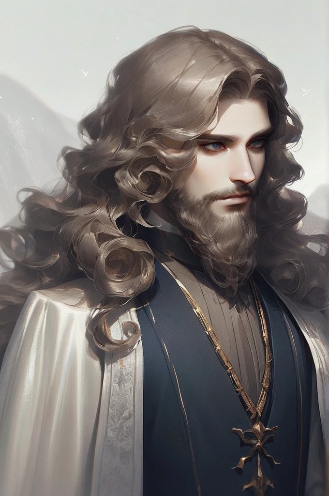 ((Лучшее качество)), ((шедевр)), (подробный), The curly-haired icy king with a beard is a stern young man