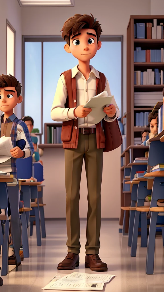 A student boy, in high school student clothes, in the school library, finds a sheet of paper and takes it in his hand. He is reading the paper and memorizing it. He's concentrated, he's not smiling, he is looking at the paper.