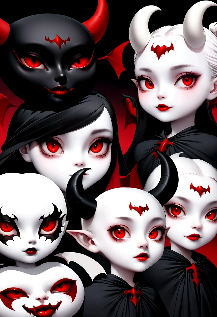 A cute little demon girl with red eyes and horns, Wearing a robe made of black cloth, There are many other little devil faces around, Depicted in pop art style,The head is large,The body is thinner, Use bold colors and exaggerated features to create a cartoon look. Dark background and high resolution, detail, and quality.