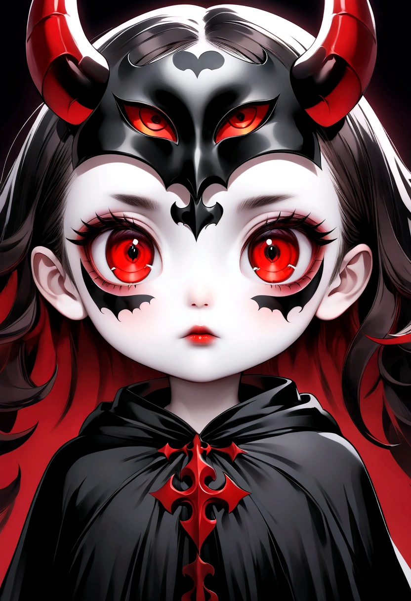 A cute  demon girl with red eyes and horns, Wearing a robe made of black cloth, There are many other little devil faces around, Depicted in pop art style，The head is large，The body is thinner, Use bold colors and exaggerated features to create a cartoon look. Dark background and high resolution, detail, and quality.
