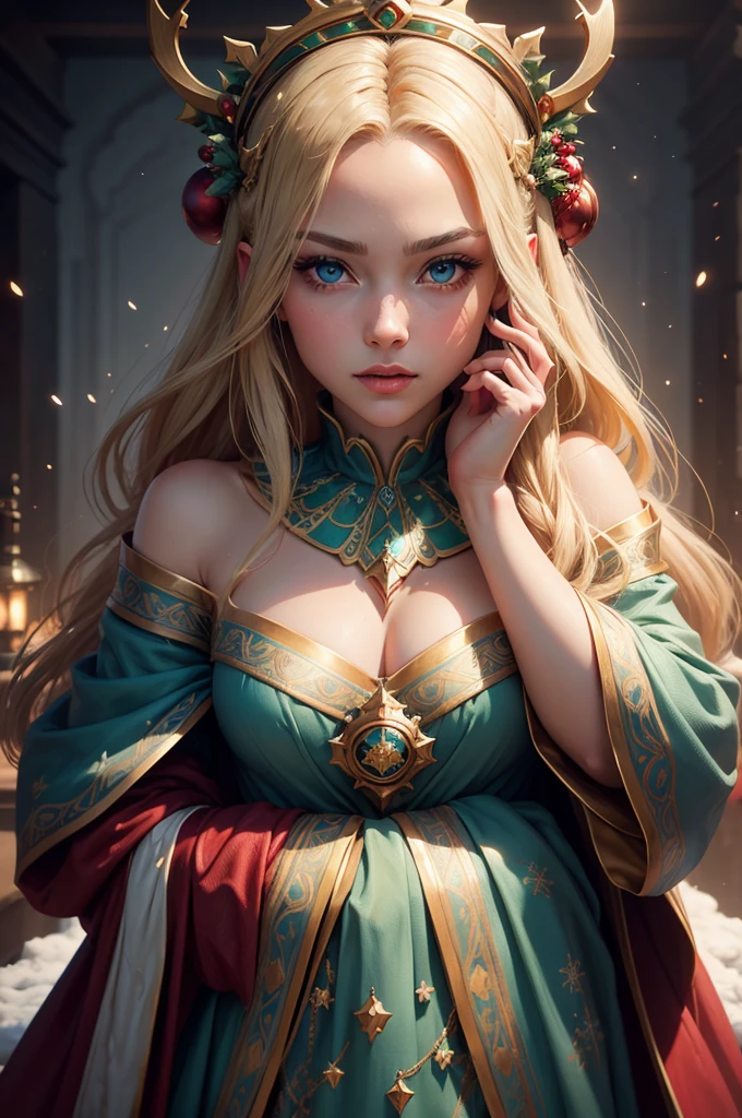 Portrait of a beautiful empress, Blonde, Perfect Blue Eyes, wonderful, An incredibly impressive large Christmas headpiece, Clothing: Santa is naked under his robe, All about Christmas, snow, Symmetric, Dramatic studio lighting, Rococo, Baroque, green, Asian, Hyperrealism, close, d&d, Fantasy, Complex, elegant, Very detailed, Digital Painting, Art Station, Octane Rendering, 8K, Concept Art, mat, Sharp focus