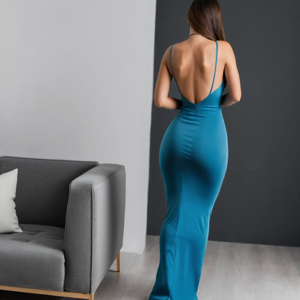 Rear view shot of a young woman bending over in a maxi bodycon dress