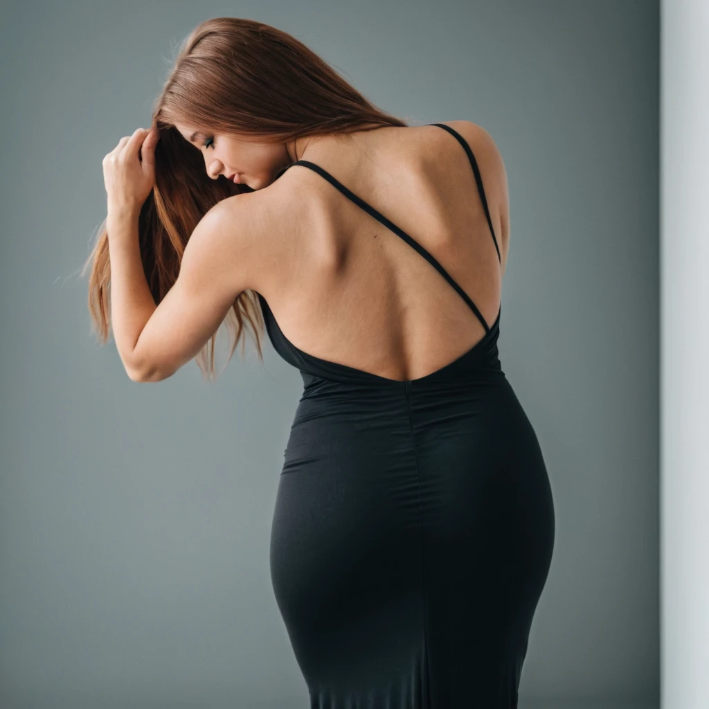 Rear view shot of a young woman bending over in a maxi bodycon dress 