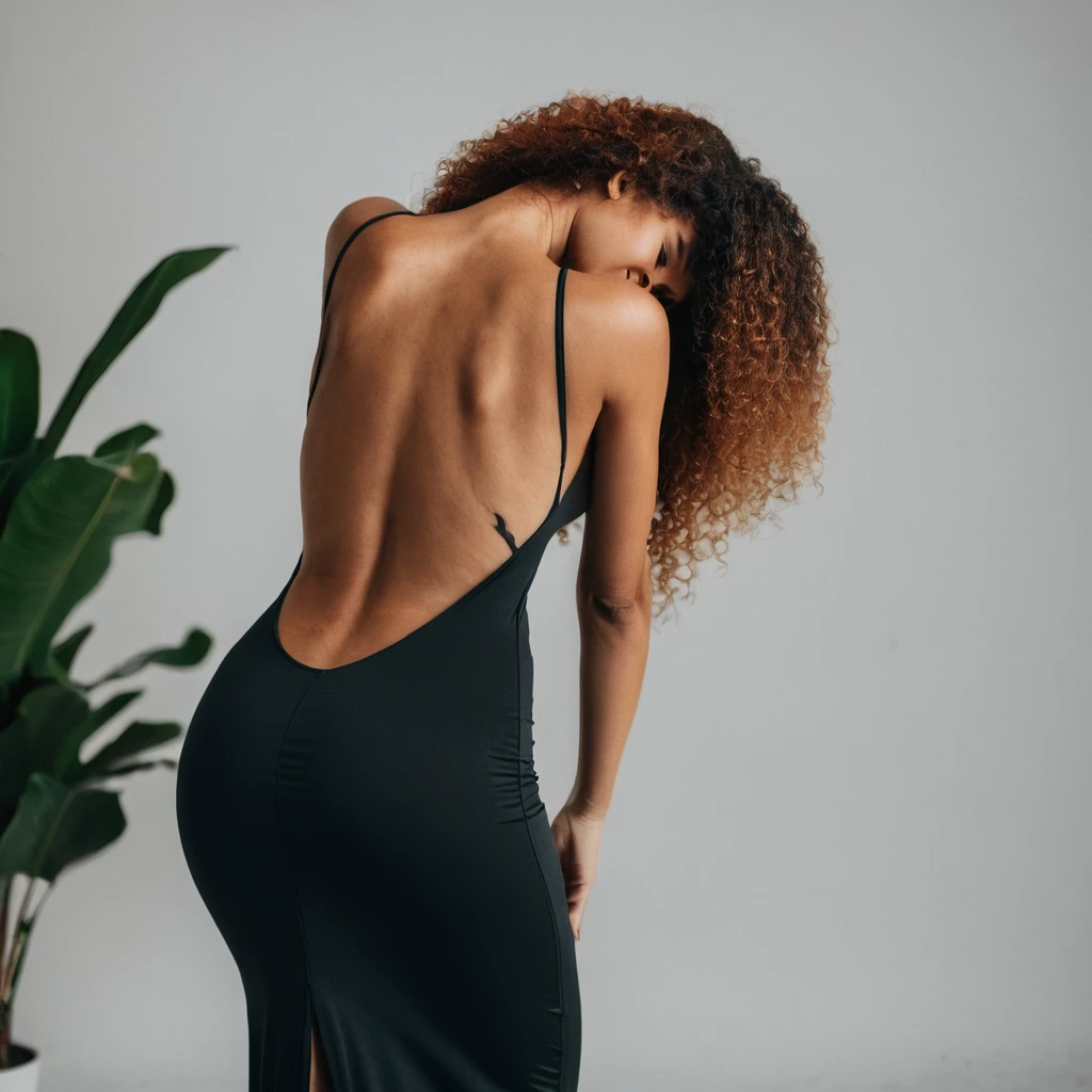 Rear view shot of a young woman bending over in a maxi bodycon dress