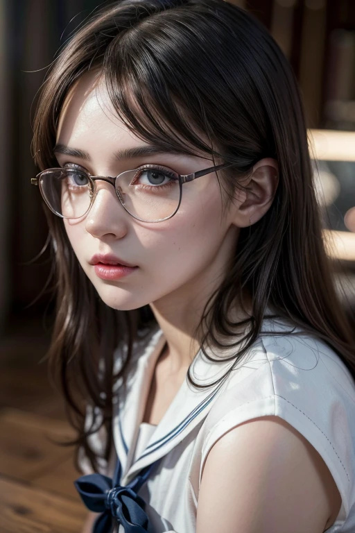 a beautiful detailed girl with glasses,sailor uniform,long dark hair,beautiful detailed eyes,beautiful detailed lips,extremely detailed face,long eyelashes,intricate details,dynamic pose,hyper detailed,photorealistic,masterpiece,(best quality,4k,8k,highres,masterpiece:1.2),ultra-detailed,(realistic,photorealistic,photo-realistic:1.37),studio lighting,HDR,UHD,vivid colors,intricate details,dynamic pose,elegant,classy,graceful