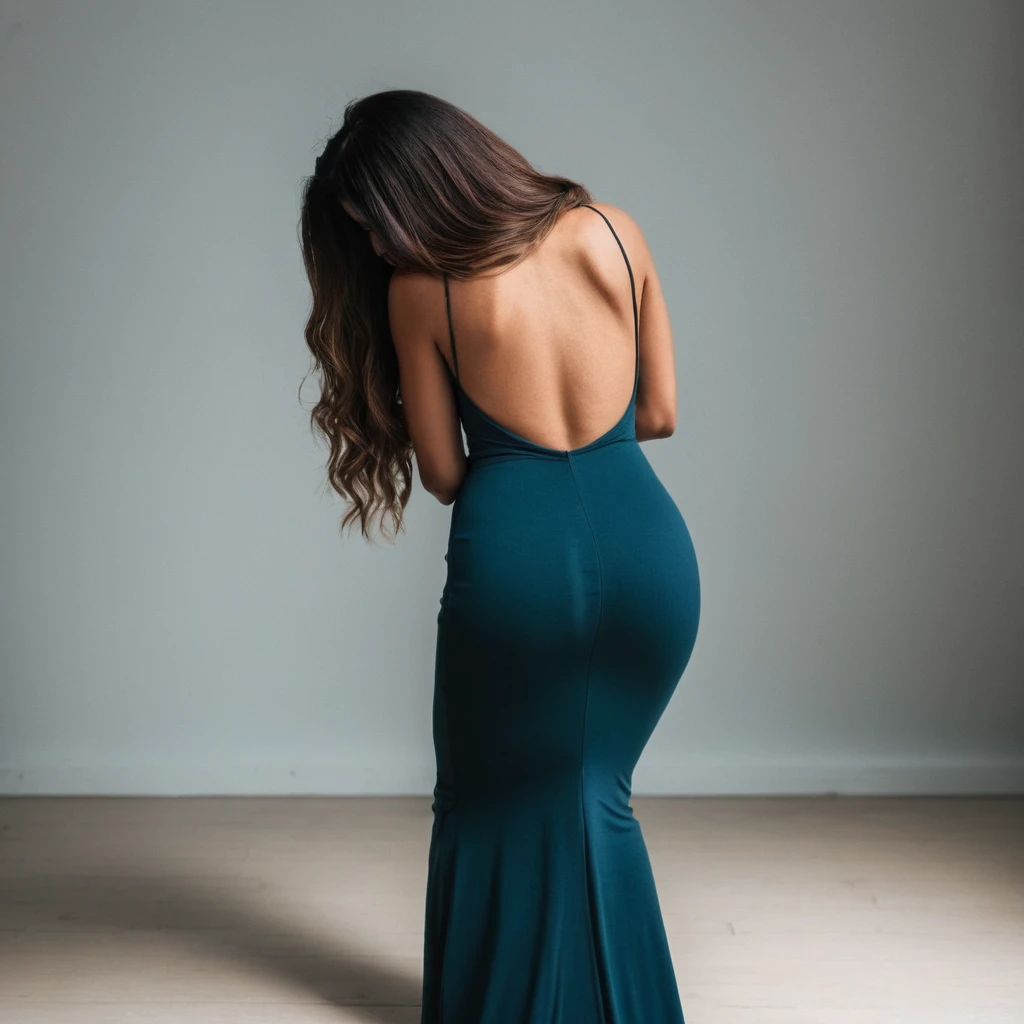 Rear view shot of a young woman bending over in a maxi bodycon dress 