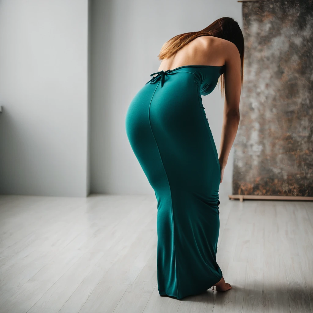 Rear view shot of a young woman bending over in a maxi bodycon dress 