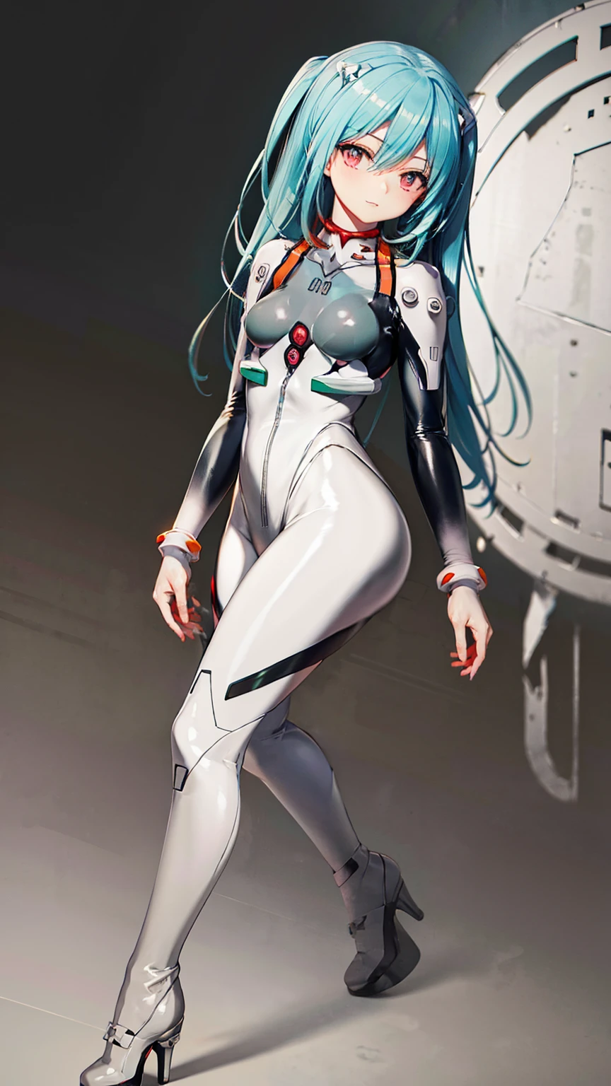 ((初音ミクはPlug Suitを着ている))、Big Breasts、Latex bodysuit、Plug Suit((Neon Genesis EVANGELION))、Plug Suitの色は白と水色、High heels、The background is ruins、high resolution、2010s anime style、8K CGイラスト