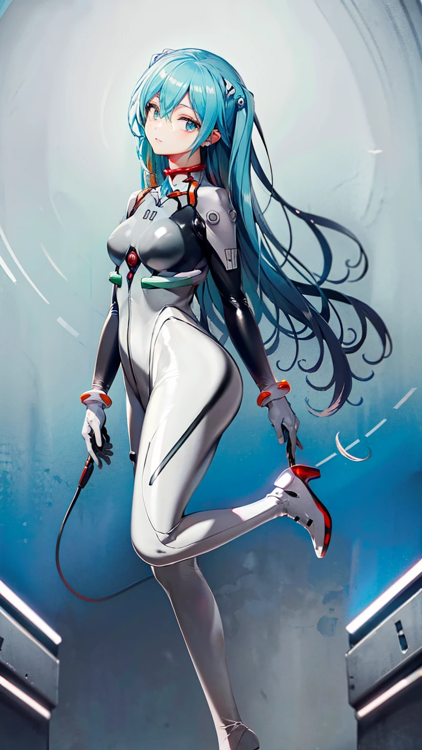 ((初音ミクはPlug Suitを着ている))、Big Breasts、Latex bodysuit、Plug Suit((Neon Genesis EVANGELION))、Plug Suitの色は白と水色、High heels、The background is ruins、high resolution、2010s anime style、8K CGイラスト