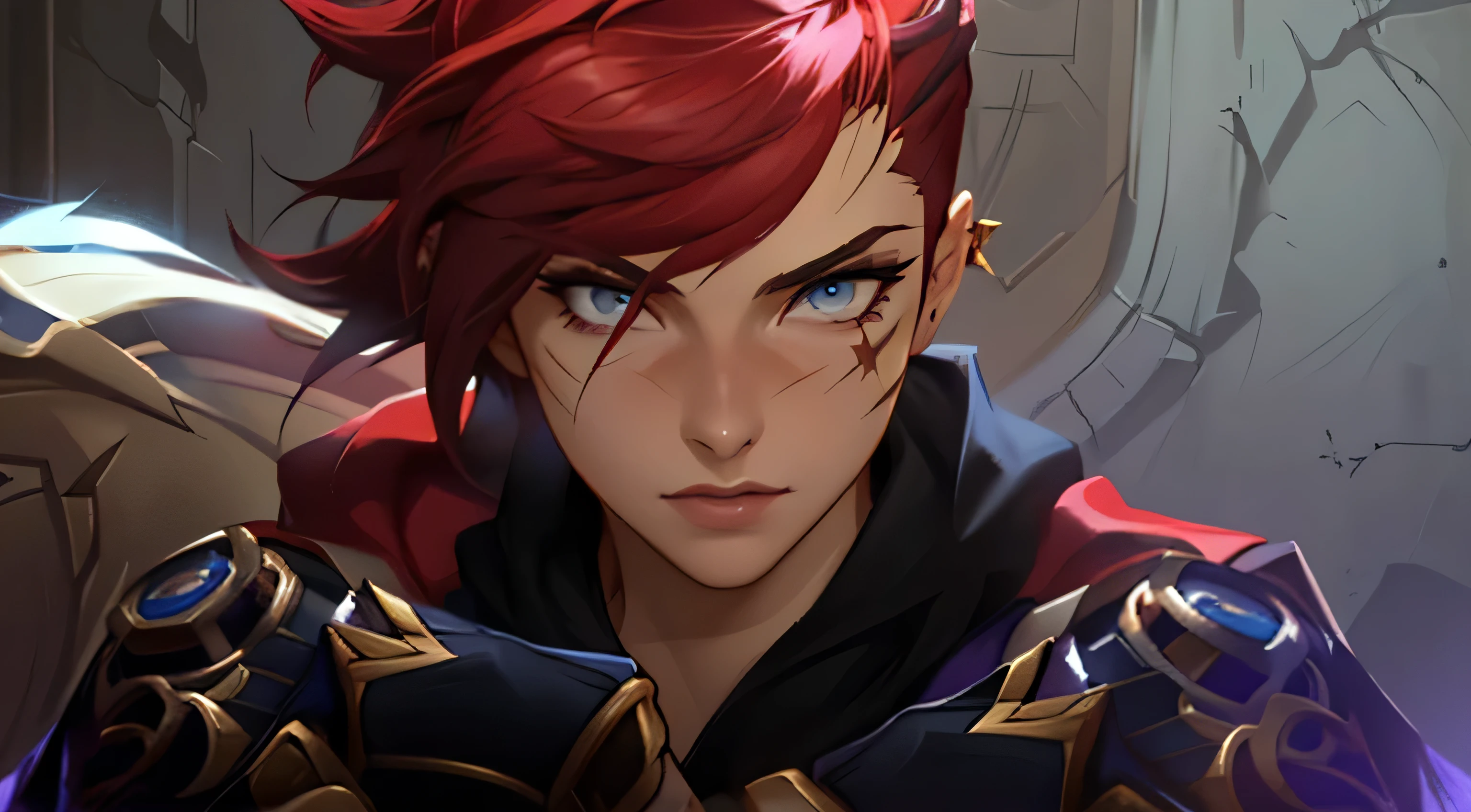 a close-up of a person with red hair, light gray eyes and a scratch scar on the left eye and the Roman symbol of the number 4 below the right eye and steel gloves on the hands, league of legends character, league of legends character art, kda, from the league of legends, Katarina, samira from the league of legends, vi from arcane, jett from valorant, Taliyah, zenra taliyah, arcane chance, sylas, youthful Taliyah, akali