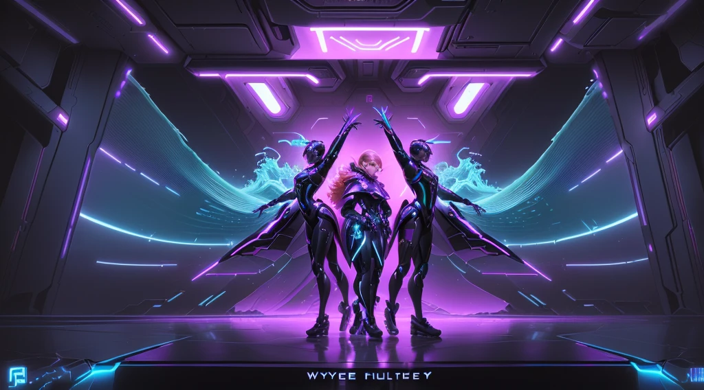 a poster featuring dancers in a futuristic environment, album art, ( ( ( synthetic wave ) ) ), Official Art, 🕹️ 😎 🔫 🤖 🚬, promo, music album cover, art cape, music album art, album art cape, album, by Juan Villafuerte, (synthetic wave)