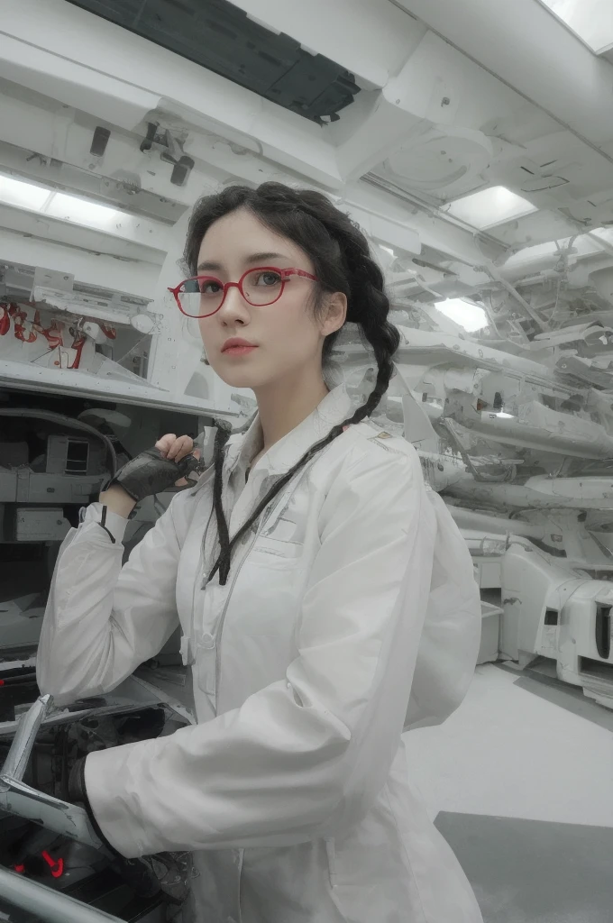 high definition,woman,small size,black hair,double braid hairstyle,bang bang,green eyes,red glasses,in formal dress,uniform,white coat,dark expression,warship,ship aircraft carrier, futuristic, science fiction, warplane, space, war