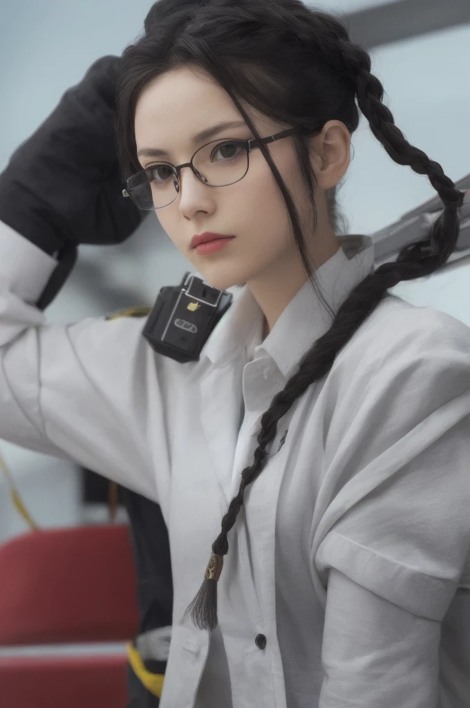 high definition,woman,small size,black hair,double braid hairstyle,bang bang,green eyes,red glasses,in formal dress,uniform,white coat,dark expression,warship,ship aircraft carrier, futuristic, science fiction, warplane, space, war