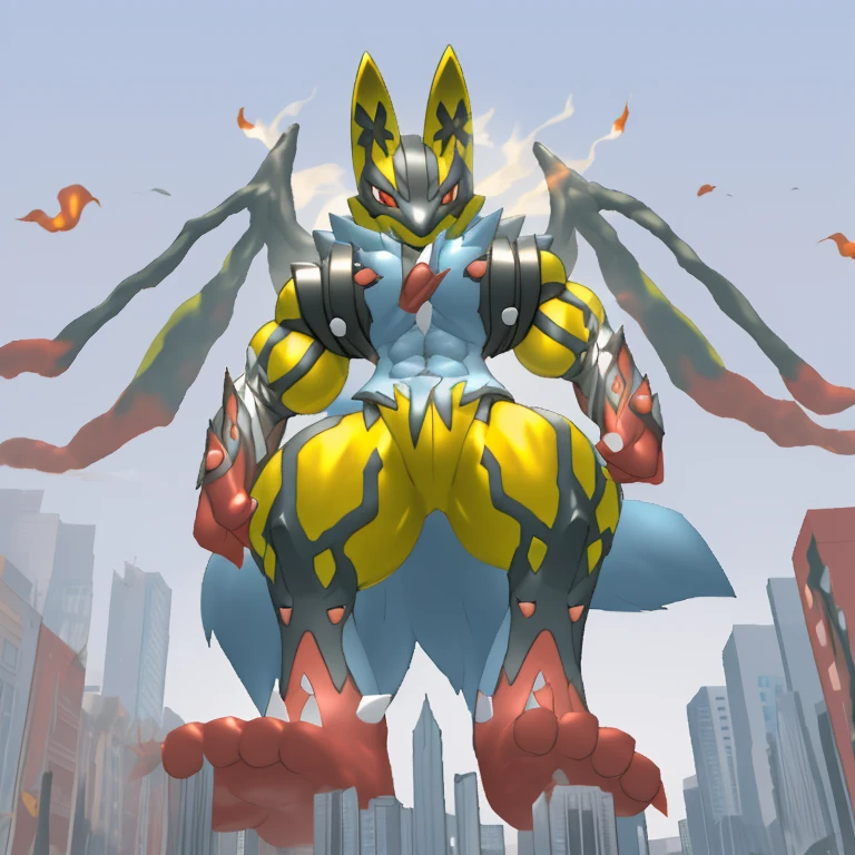 (Solo. masterpiece. official art. 8k. best quality. detailed full body. full body.)
(situation 1 : dominating Shiny_Mega_Lucario. Shiny_Mega_Lucario is over 1000 meters long. focus GIANT mechanical Muscular Shiny_Mega_Lucario is trampling the city. Looking down. macro. stomp. Low-angle perspective. emphasizing the immense size. He is much bigger than a skyscraper. Giga Giants. looking down. foot focus, (soles:1.2))
(situation 2 :smoke and flames rising from the destruction in the city)
(Additional details 1: wearing a full-face helmet. golden armor. high-tech bio-mecha armor. real texture material. whole body shines like metal. emphasizes the muscles. suit fully made of metal. intricate armor. Robotic suit. suit fully made of metal.).
(Additional details 2: (Detailed head. Detailed Body. Detailed abs. gigantic muscles. HYPER MUSCLES. Gigachad Muscular. big muscle. pecs. triceps. traps. unusually developed muscular body. body full of huge muscles. showing off muscles. pectorales enormes. Exaggeratedly huge muscles. huge muscles. long legs. abs.).
(Additional details 3: Spread wings. It has wings. have big wings. The claws are sharp. Sharp teeth.).