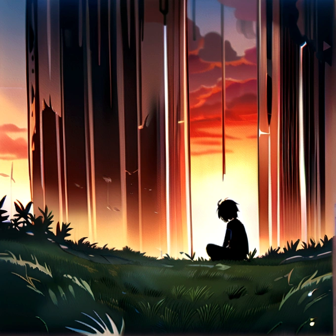 A sad boy sitting alone in sunset in wide area covered with grass in centre, in sideways a waterfall, in up crow group, professional style, extra detailed, anime style photos , high resolution, extra quality,HD clarity