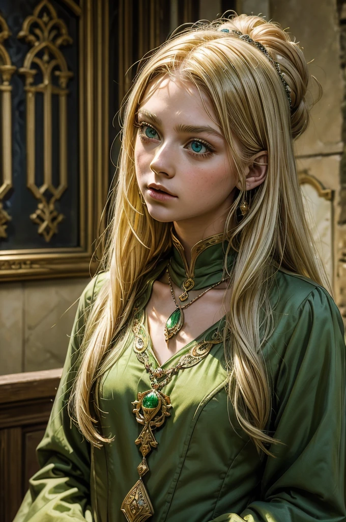 ((best qualityer)), ((work of art)), (detailded), medieval era, 1 girl, ar old,llish, long YELLOW hair, big green eyes, fine nose, Full mouth, long neck, green tunic, neckleace, a staff, small town, magie, healing