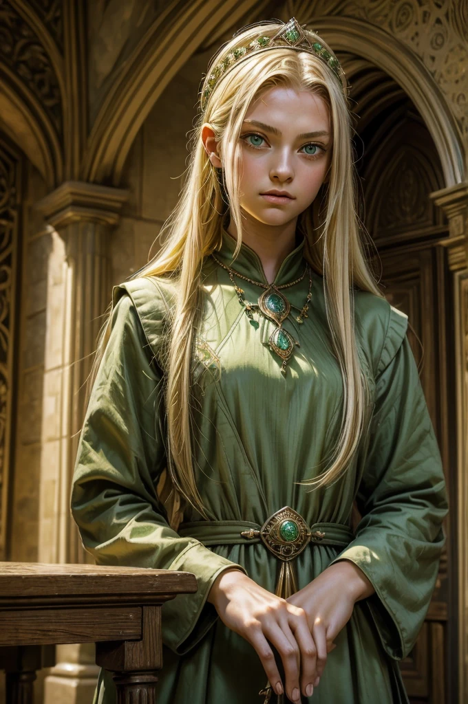 ((best qualityer)), ((work of art)), (detailded), medieval era, 1 girl, 15year old, Bullish, long YELLOW hair, big green eyes, fine nose, Full mouth, long neck, green tunic, neckleace, a staff, small town, magie, healing
