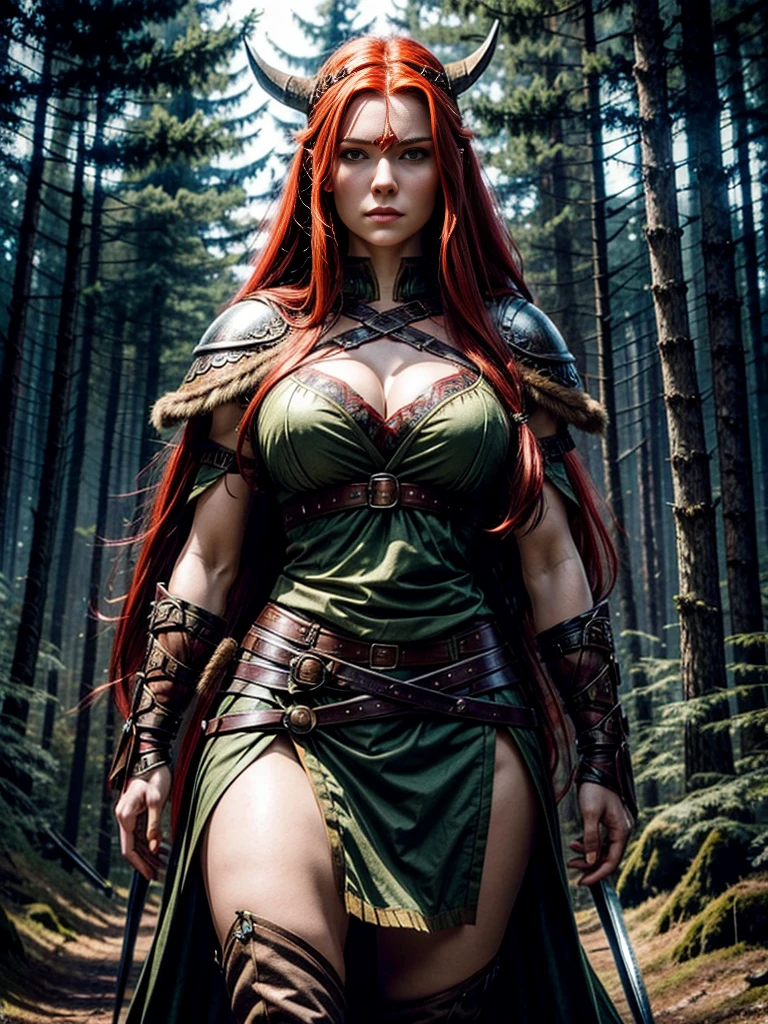 a young beautiful woman with perfect facial features, long red hair, big firm breasts, perfect proportions, in a viking warrior outfit, standing in a cinematic pose in a nordic forest, best quality, brilliant details, cinematic lighting, exciting perspective