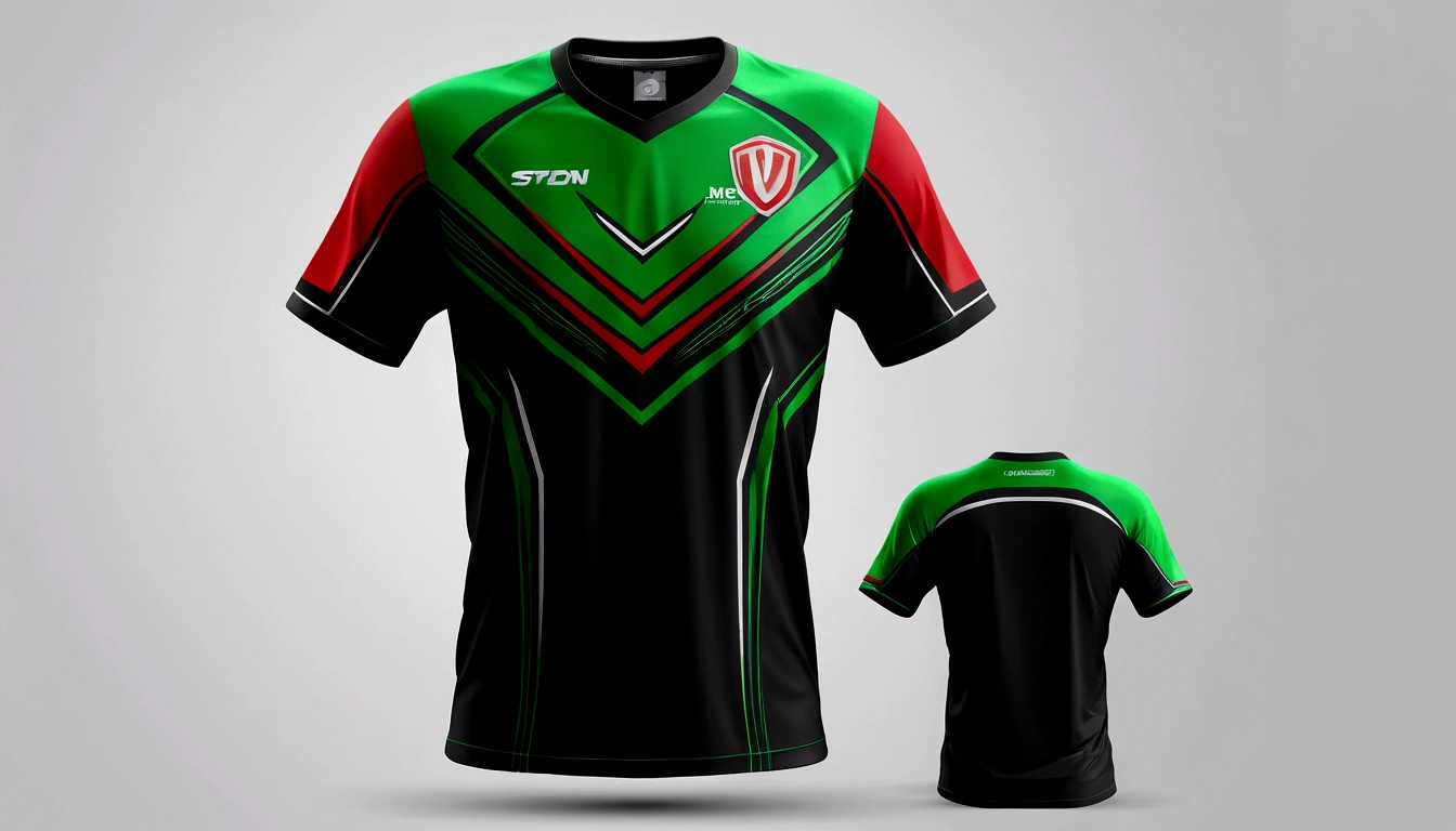 a red and green jersey with a futuristic design, racing, e-sport style, no jersey, sport clothing, wearing a volleyball jersey, sports clothing, black jersey, shirt design, t shirt design, e-sports logo vector, esports, realistic clothing, tshirt design, t - shirt design, t-shirt design, gaming, professional sports style, sport t-shir