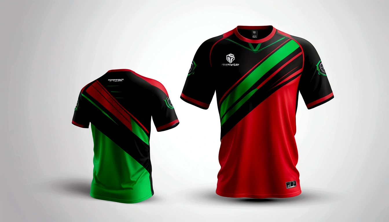 a red and green jersey with a futuristic design, racing, e-sport style, no jersey, sport clothing, wearing a volleyball jersey, sports clothing, black jersey, shirt design, t shirt design, e-sports logo vector, esports, realistic clothing, tshirt design, t - shirt design, t-shirt design, gaming, professional sports style, sport t-shir