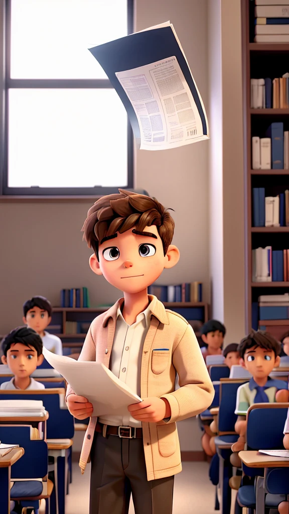 A student boy, in high school student clothes, in the school library, finds a sheet of paper and takes it in his hand. He is reading the paper and memorizing it. He's concentrated, he's not smiling.