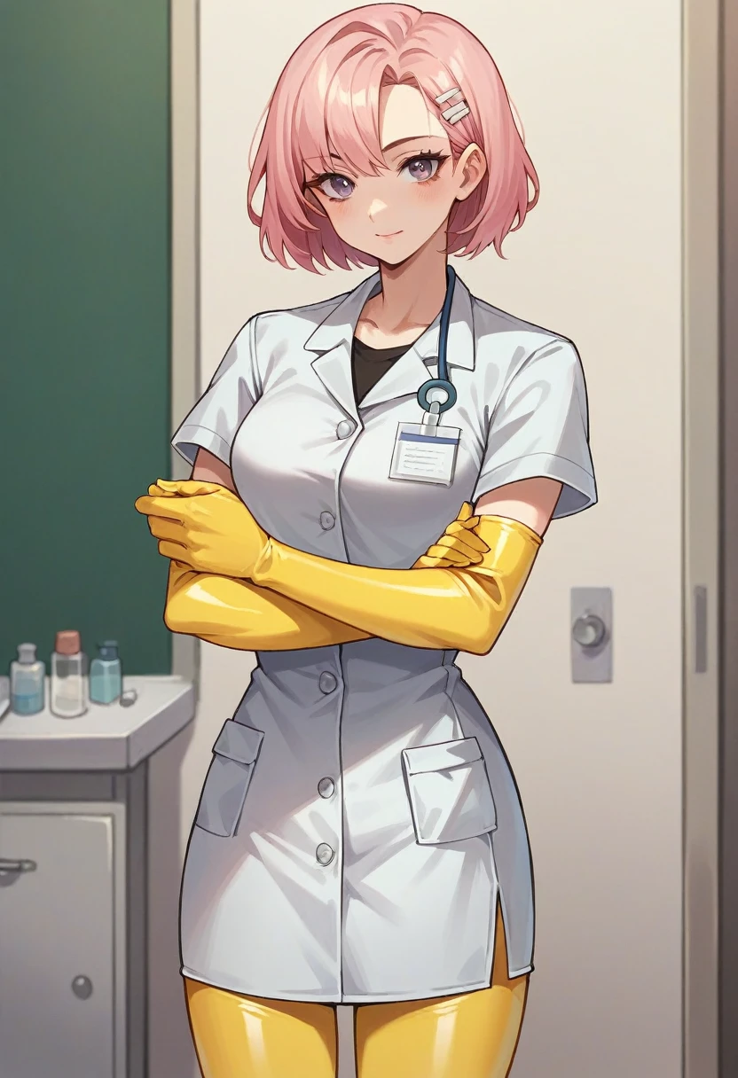 1girl, ((yellow elbow gloves)), ((surgical gloves)), ((latex gloves)), ((long sleeves)) ((light pink surgeon outfit)), looking at viewer, ((doctor)), standing, solo