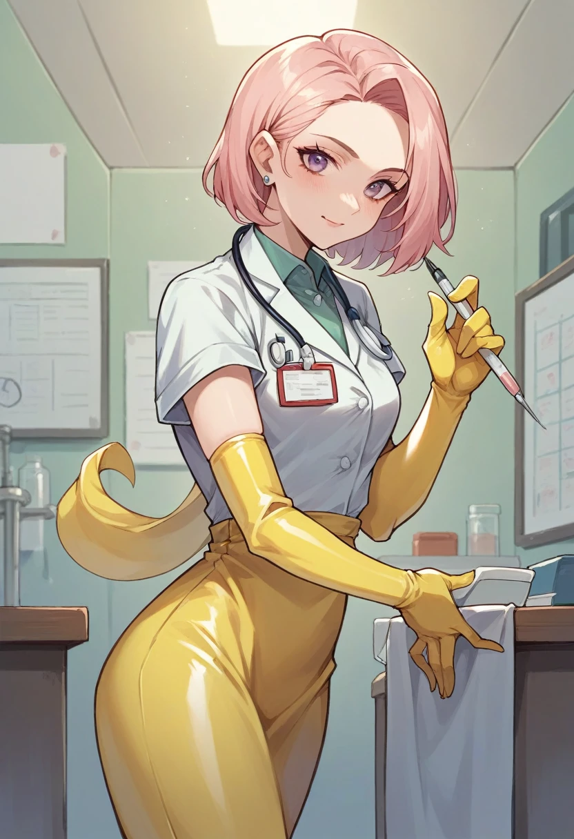 1girl, ((yellow elbow gloves)), ((surgical gloves)), ((latex gloves)), ((long sleeves)) ((pink surgeon outfit)), looking at viewer, ((doctor)), standing, solo
