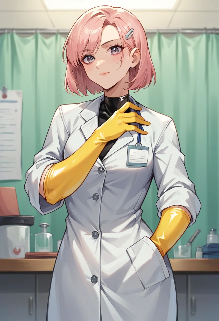 1girl, ((yellow elbow gloves)), ((surgical gloves)), ((latex gloves)), ((long sleeves)) ((light pink surgeon outfit)), looking at viewer, ((doctor)), standing, solo