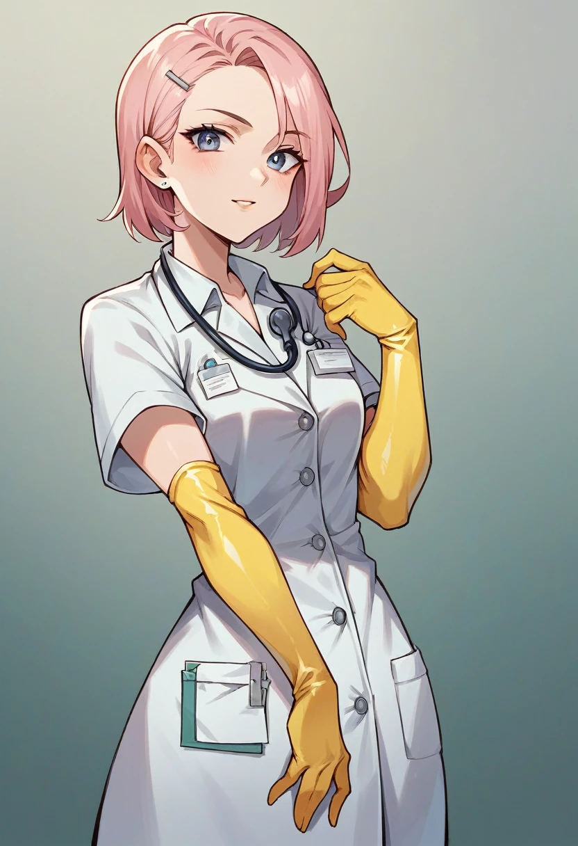 1girl, ((yellow elbow gloves)), ((surgical gloves)), ((latex gloves)), ((long sleeves)) ((light pink surgeon outfit)), looking at viewer, ((doctor)), standing, solo