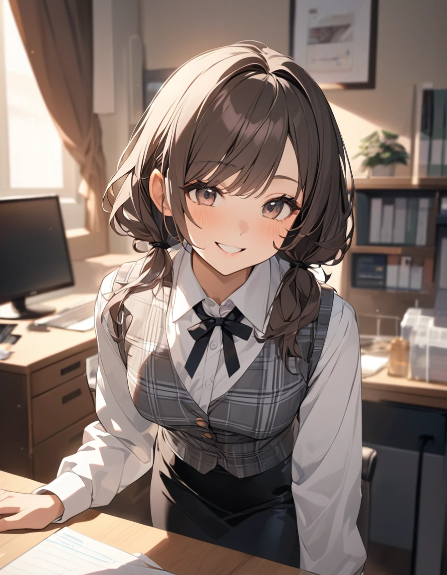 (Highest qualityのイラスト:1.2), (pretty girl:1.1), (1 girl、17 years old、Highest qualityのイラスト:1.2), (1 girl、smile、Small breasts、Very detailedな目:1.2)、{(((Dark brown hair)))、short hair、Wavy Hair、Curly Hair、Low Twintails}、Small breasts、(Highest quality、Very detailed、Very detailed and beautiful、Ultra-high resolution) 、BREAK wearing a [[white and gray plaid pattern]] vest over a long sleeve white collared-shirt), (buttoned gray vest:), (tight black pencil skirt)、office、Front facing、smile、
