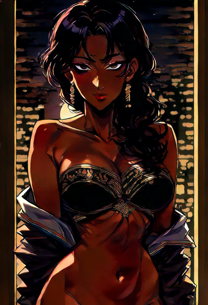 A beautiful woman in gyaru makeup wearing on the bustling streets of Gintama, surrounded by vendors, beautiful portrait of a stunning goddess girl, beautiful detailed face, porcelain skin, half body shot, centered,(black hai,navel:1.2),((moonlight,night,big neons,strong neon lighting,rim lighting,two tone lighting))),
