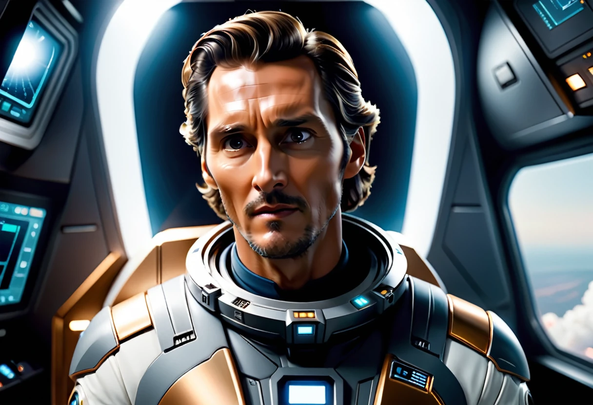 Matthew McConaughey é um astronauta futurista, piloting a sci-fi spaceship, an expression of stern concentration on his sweaty face, action scene, Interstellar Movie, 2015, cinematic thing, ectacromo, romantic, 真实感, flat lighting, golden technique, DOF, bokeh, digital cinematic color grading natural lighting cool shadows warm highlights soft focus actor-directed cinematography dolbyvision