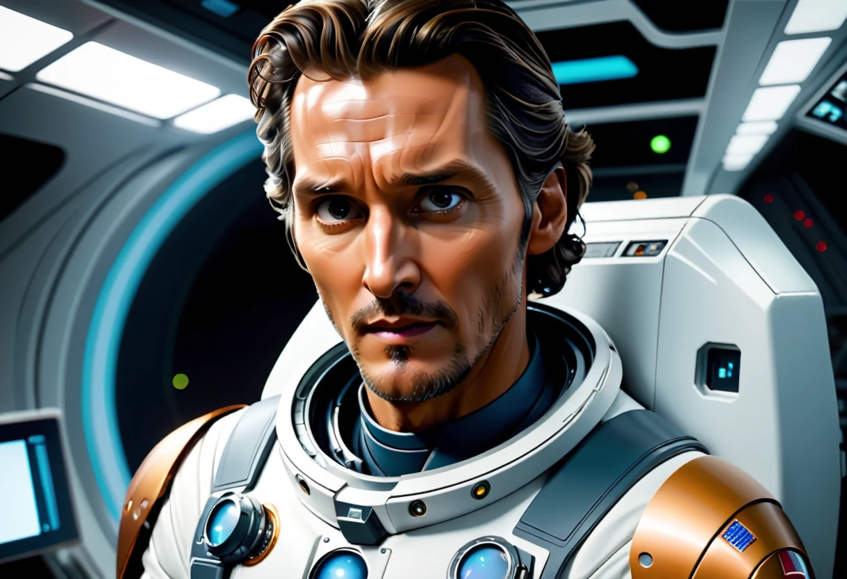 Matthew McConaughey é um astronauta futurista, piloting a sci-fi spaceship, an expression of stern concentration on his sweaty face, action scene, Interstellar Movie, 2015, cinematic thing, ectacromo, romantic, 真实感, flat lighting, golden technique, DOF, bokeh, digital cinematic color grading natural lighting cool shadows warm highlights soft focus actor-directed cinematography dolbyvision