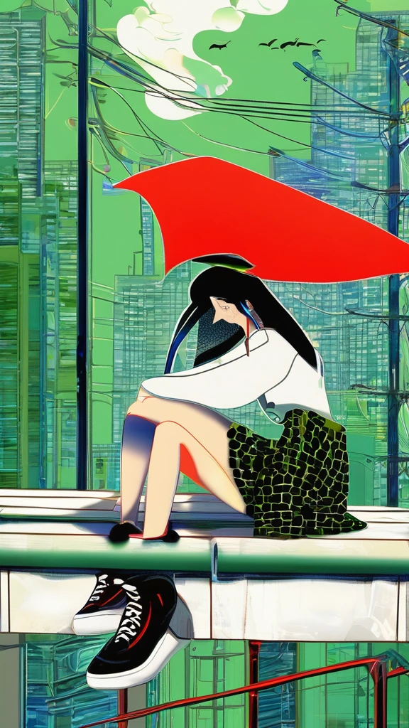 masterpiece, Exquisite detail,Highest quality, One girl, alone, handrail, cloud, 立ってzeroを見上げている,Long Hair, shoes, zero, Long sleeve, sneakers, Power lines, White footwear, Black Hair, View your viewers, Electric pole, bangs, cloudy zero, fish, bird, Green Eyes, Shorts, Day, Black Shirt, barefoot