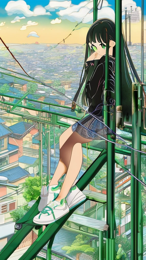 masterpiece, Exquisite detail,Highest quality, One girl, alone, handrail, cloud, 立ってzeroを見上げている,Long Hair, zero, Long sleeve, sneakers, Power lines, White footwear, Black Hair, View your viewers, Electric pole, bangs, cloudy zero, fish, bird, Green Eyes, Shorts, Day, Black Shirt, barefoot