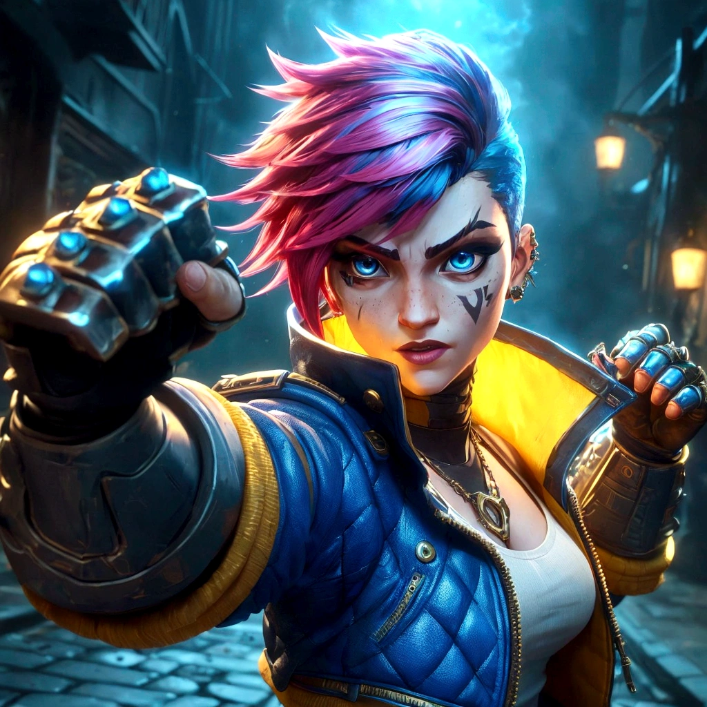 A dynamic pose of Vi from Arcane: League of Legends, with detailed face, wearing her signature blue and yellow jacket, with her gauntlets raised, and a determined expression on her face. She has short pink hair, blue eyes, and a Roman numeral VI tattoo on her cheek. Her attire is punk-inspired, featuring a leather jacket, and she has large mechanical gauntlets. Her physique is athletic and muscular. The background is a dark, gritty alleyway in Zaun, with flickering neon lights and smoke in the air. The scene is lit by a single spotlight, illuminating Vi.
