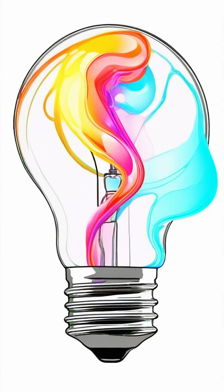 create two thick liquids of fluorescent colors intertwined forming the image of a light bulb, 4K drawing