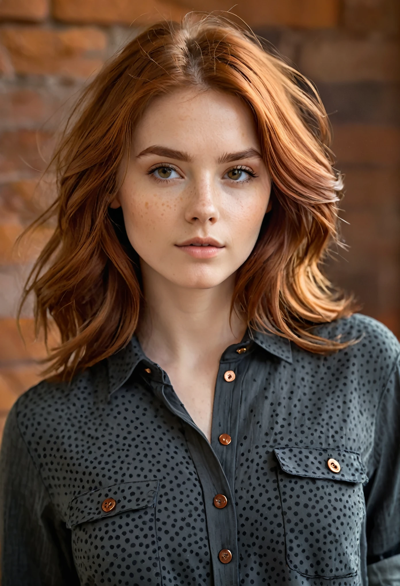 An image of a young woman with shoulder-length tousled auburn hair. She has a serene expression and is wearing a charcoal grey, textured shirt with a dotted pattern and chest pockets. The shirt has copper-toned buttons, partially undone. The background is blurred to keep the focus on her and her attire, capturing a relaxed and informal vibe in a close-up shot with warm lighting that highlights the richness of her hair color.