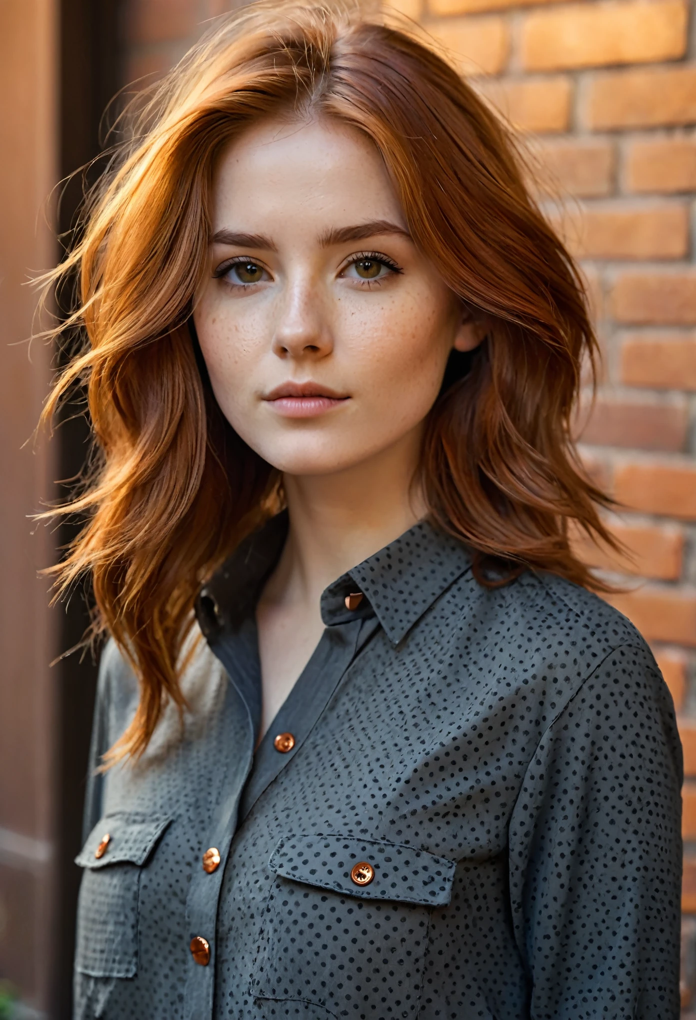 An image of a young woman with shoulder-length tousled auburn hair. She has a serene expression and is wearing a charcoal grey, textured shirt with a dotted pattern and chest pockets. The shirt has copper-toned buttons, partially undone. The background is blurred to keep the focus on her and her attire, capturing a relaxed and informal vibe in a close-up shot with warm lighting that highlights the richness of her hair color.