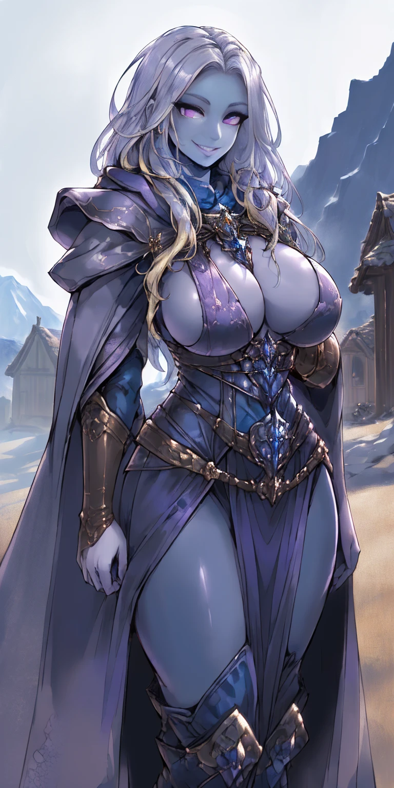 (Female chest covered)(smile) Gray skin, pale golden hair and violet eyes. She prefers clothing of white and silver with cloaks of deep blue or purple, village background, huge_knockers ((very precise detailed)) ((highres)