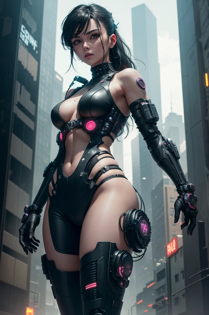 A woman with cyberpunk-style mechanized body parts stands out.. The transparent skin allows you to see the circuits and cables, His eyes light up with colorful LEDs. Limbs are a mixture of flesh and metal, Equipped with advanced prosthetic limbs and cybernetic interfaces. Wearing a black camisole, This figure is、Set in a dystopian city filled with crumbling skyscrapers。. This image depicts the fusion of man and machine in a cyberpunk future world.。