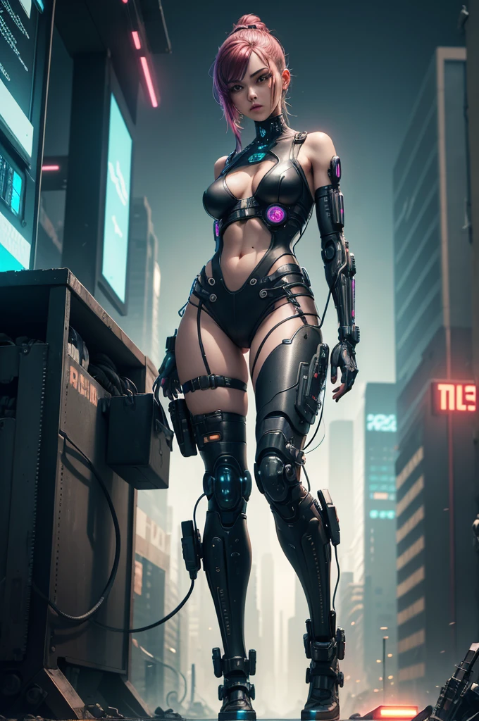 A woman with cyberpunk-style mechanized body parts stands out.. The transparent skin allows you to see the circuits and cables, His eyes light up with colorful LEDs. Limbs are a mixture of flesh and metal, Equipped with advanced prosthetic limbs and cybernetic interfaces. Wearing a black camisole, This figure is、Set in a dystopian city filled with crumbling skyscrapers。. This image depicts the fusion of man and machine in a cyberpunk future world.。