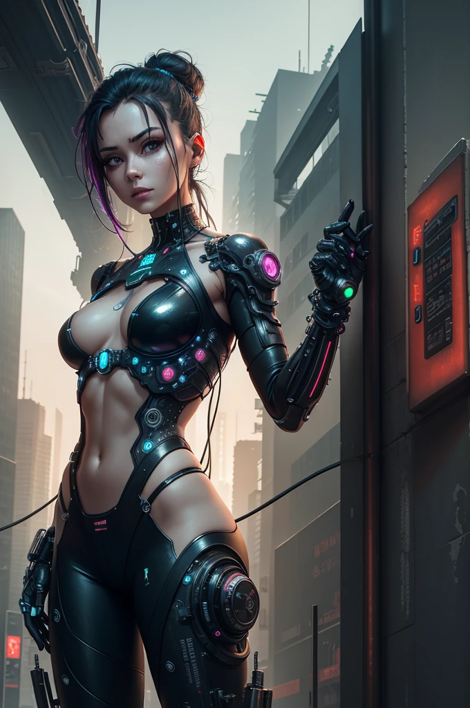 A woman with cyberpunk-style mechanized body parts stands out.. The transparent skin allows you to see the circuits and cables, His eyes light up with colorful LEDs. Limbs are a mixture of flesh and metal, Equipped with advanced prosthetic limbs and cybernetic interfaces. Wearing a black camisole, This figure is、Set in a dystopian city filled with crumbling skyscrapers。. This image depicts the fusion of man and machine in a cyberpunk future world.。  