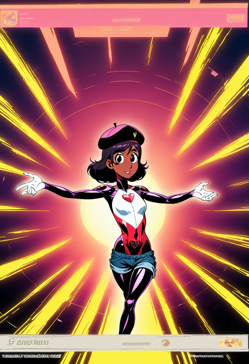 {{{{{{{{  2d/3d hybrid, unreal Engine, cel-shaded animation,  masterpiece, hdr, 4k, ray tracing detailed background, amazing quality, incredibly aesthetic, incredible sharp absurdres, incredibly sharp gradients, deep highlights,  {{connie maheswaran}}, sensualcore,  hyper stylistic, Raw sensuality, fabric texture, sensuous angle, skin indentations, flowing emotions }}}}}, { very darkskin,, age 25, photoshoot in a club, dancing, strong, attractive, perfect},  sensous open back bodysuit, micro shorts star back pockets, beret, "flirty fighter " text along chest , "heart☆berry" stomach tattoo,  teasing, perfect body, square-shaped figure, wide heart hips, perfect black eyes, perfect face, perfect hands, perfect charm, mischievous prankster, impact frame, motion lines, details, , cool tones, rich atmospheric shading, sensual shadowing, Life size body, dynamic angle, dynamic pose,  dynamic perspective, dynamic Line of action, dynamic scenery, atmospheric lighting, Cinematography, 