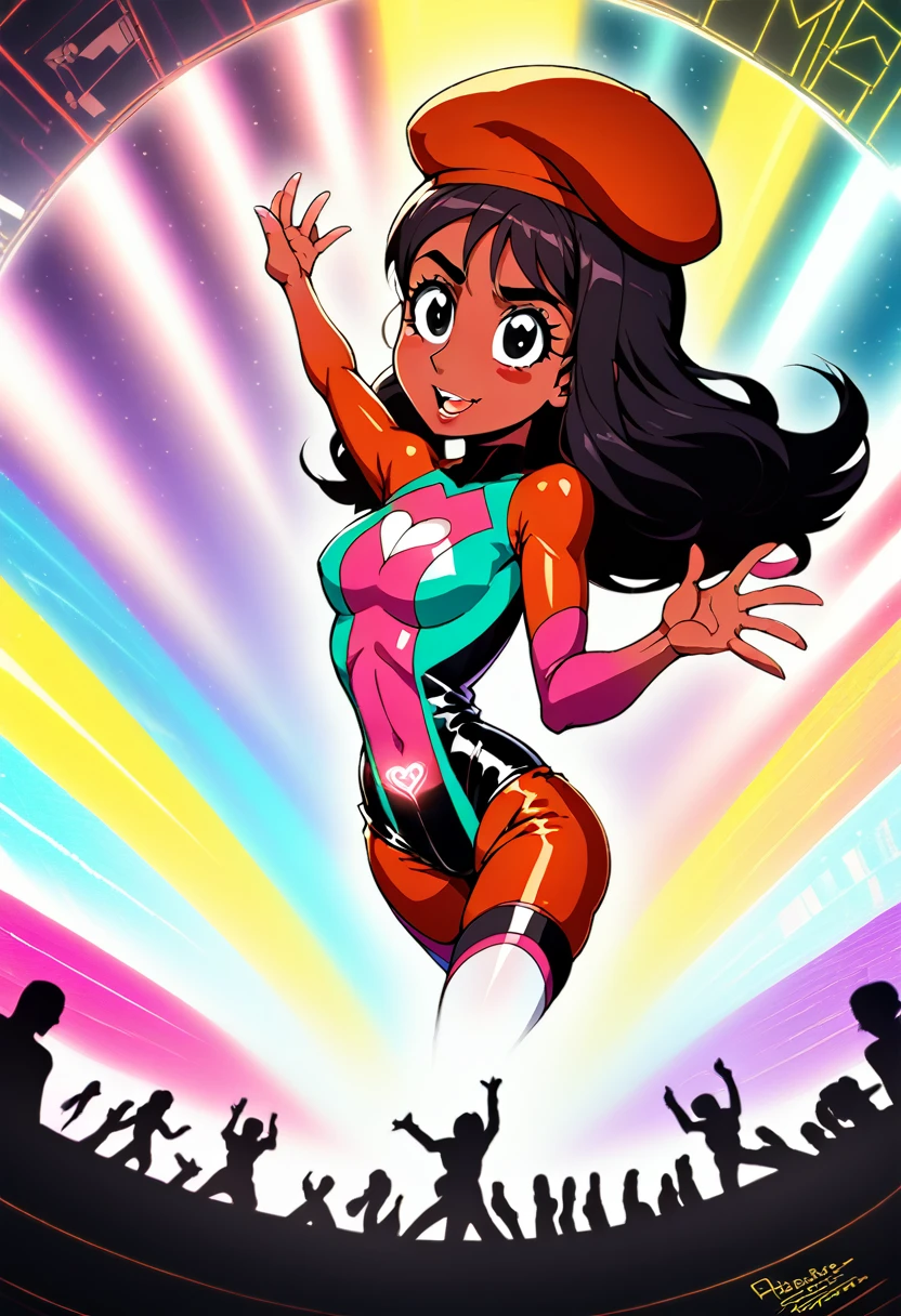 {{{{{{{{ 2d/3d hybrid, unreal Engine, cel-shaded animation, masterpiece, hdr, 4k, ray tracing detailed background, amazing quality, incredibly aesthetic, incredible sharp absurdres, incredibly sharp gradients, deep highlights, {{connie maheswaran}}, sensualcore, hyper stylistic, Raw sensuality, fabric texture, sensuous angle, skin indentations, flowing emotions }}}}}, { very darkskin,, age 25, photoshoot in a club, dancing, strong, attractive, perfect}, sensous open back bodysuit, micro shorts star back pockets, beret, "flirty fighter " text along chest , "heart☆berry" stomach tattoo, teasing, perfect body, square-shaped figure, wide heart hips, perfect black eyes, perfect face, perfect hands, perfect charm, mischievous prankster, impact frame, motion lines, details, , cool tones, rich atmospheric shading, sensual shadowing, Life size body, dynamic angle, dynamic pose, dynamic perspective, dynamic Line of action, dynamic scenery, atmospheric lighting, Cinematography,